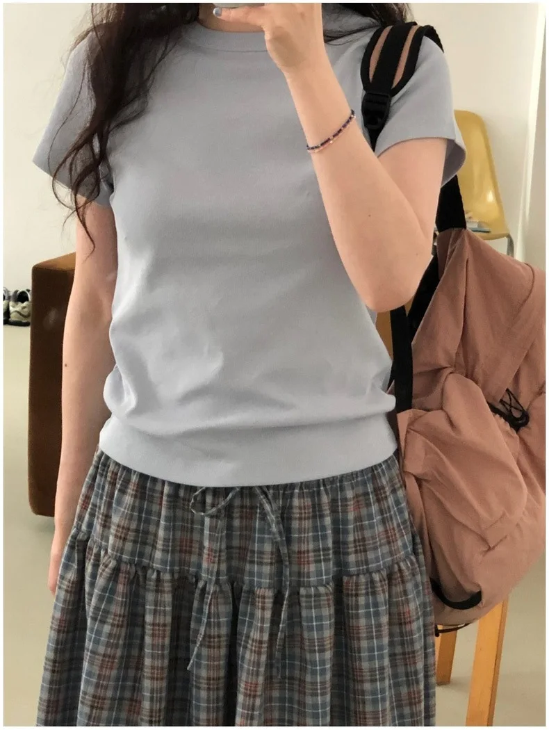 Vestido Longo Retro com Estampa Xadrez e Cordão, Conjunto de Cseta de Manga Curta em Cor Sólida, Estilo Casual F pa...