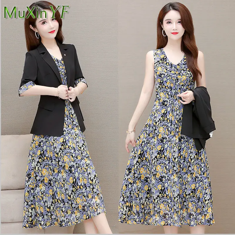 Women's Summer Casual Short Sleeve Suit Dress Suit 2025 New Korean Elegant Blazers Floral Chiffon Sling Dresses Two Piece Set