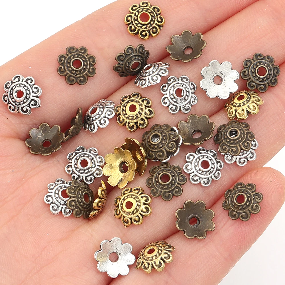 100 Stück 8mm Legierungs-Blumenperlenkappen, Vintage-Blumen-Abstandshalter-Perlen-Endkappen für die Schmuckherstellung, DIY Armband- und Halskettenzubehör