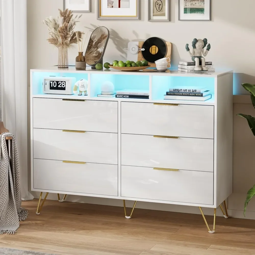 

Dresser for Bedroom, 6 Drawer Dresser with Led Lights, Modern White Dressers with 3 Open Shelves, Wood Wide Chest of Drawers