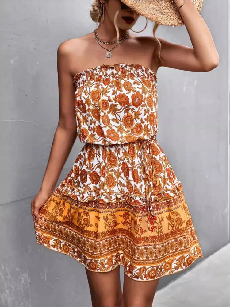 2024 Spring Summer New Women's Fashion Bohemian Print Fragmented Flower Sexy Sleeveless Bra High Waist Short Lace Up Waist Dress