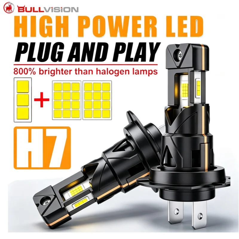 2Pcs 3 Sides Turbo H7 LED Bulbs Headlight 1:1 Size Wireless Tube for Car Headlamp Auto Diode Lamps H7 Led Super Bright 6000K 12V