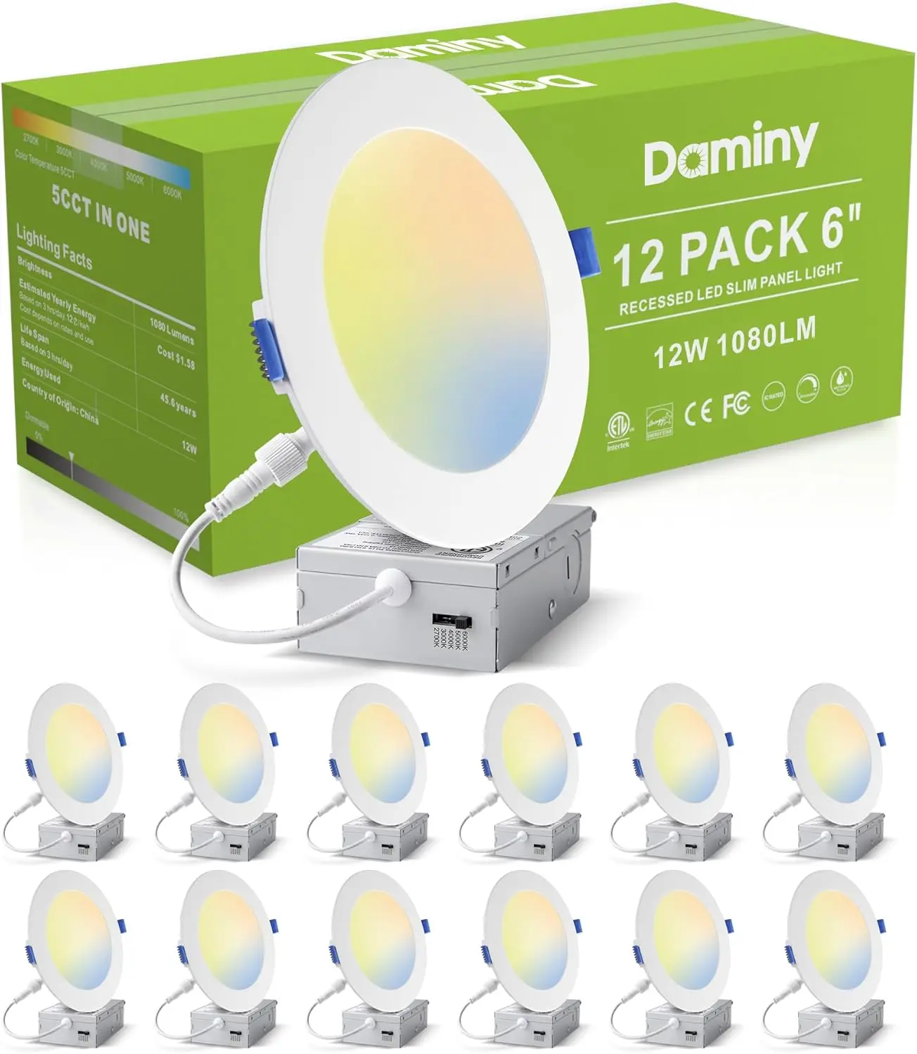 Daminy 12 Pack 6 Inch Led Recessed Lighting With Junction Box,5Cct,Ultra-Thin Recessed Light,12W 1080Lm, Dimmable Canless Wafer