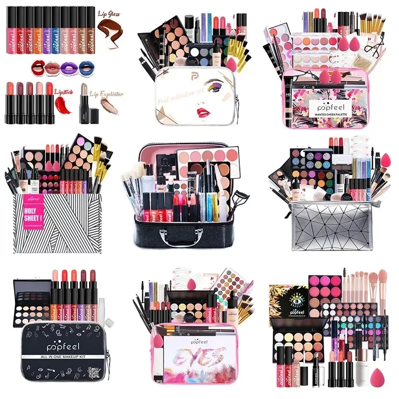 POPFEEL Kompletny Zestaw do Makijażu dla Kobiet Paleta Cieni do Powiek Błyszczyk do Ust Tusz do Rzęs Eyeliner Pędzle Torba Makijaż dla Kobiet