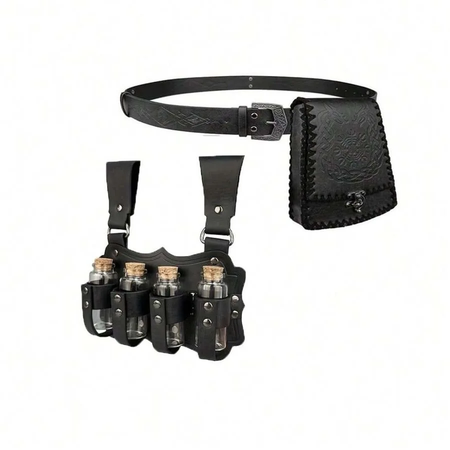 Conjunto de Cinto e Bolsa de Cintura Ajustáveis em PU Estilo Viking Medieval, Acessórios de Cowboy Ocidental, Frascos de Poção de Alquimia, Adereços para Festa e Cosplay