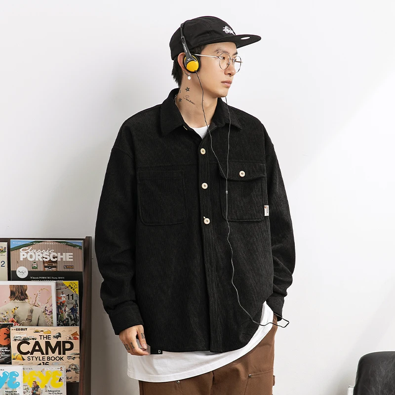 

Black Corduroy Men's Shirt Heavyweight Loose Fit Collared Jacket Trendy Brand Cool Street Style Inner Shirt Long Sleeve Autum...