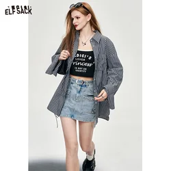 ELFSACK-Blusa de manga larga a rayas con lazo en la espalda, top de longitud media con botones delanteros, estilo informal de oficina, Primavera