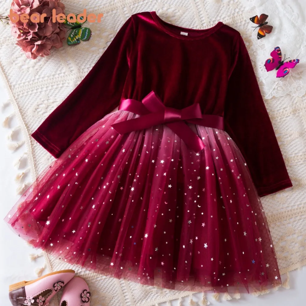 Bear Leader Autunno Inverno Abiti da ragazza a maniche lunghe Natale Rosso Abbigliamento per bambini Versione coreana Abito da principessa in rete sfumata a stella