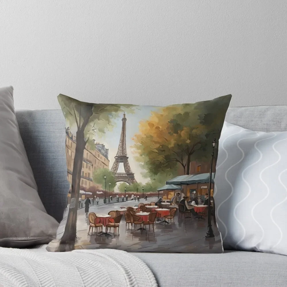 Paris painting of street café and Eiffel Tower in background Throw Pillow Luxury Pillow Case Cushion Cover Luxury Pillow