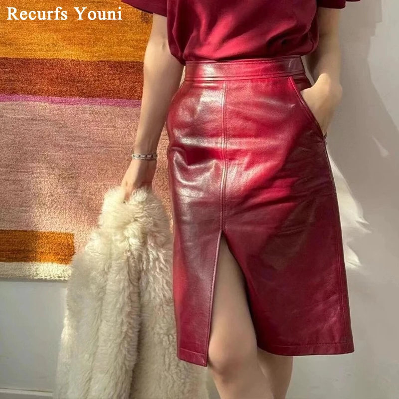 

Oil Wax Slit Leather Skirt for Women High street Top Layer Sheepskin Front Split Wrap Jupe Femme Red Black Pencil Midi Skirt