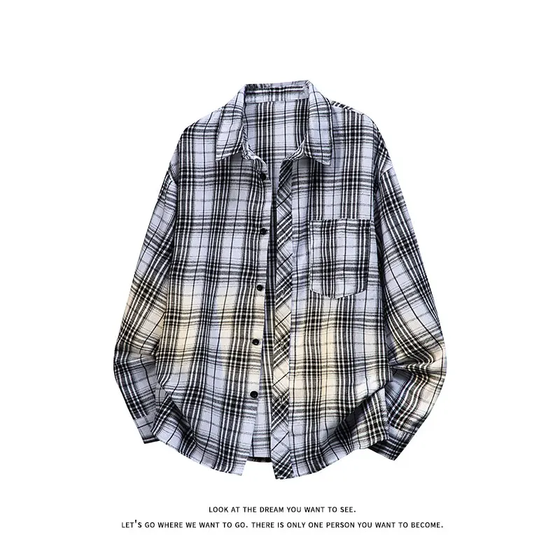 

Fashion Men Tie Dye Plaid Shirt Long Sleeve Cotton Blend Casual Top Streetwear Urban Wear Spring Summer Shirt for Daily Outfit