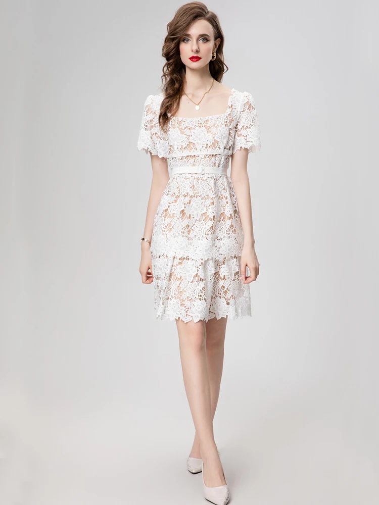 

Women's Chemical Lace Dress, Square Collar, Short Sleeve, High Street Princess Dresses, Waist Sashes Slims, Summer Fashion