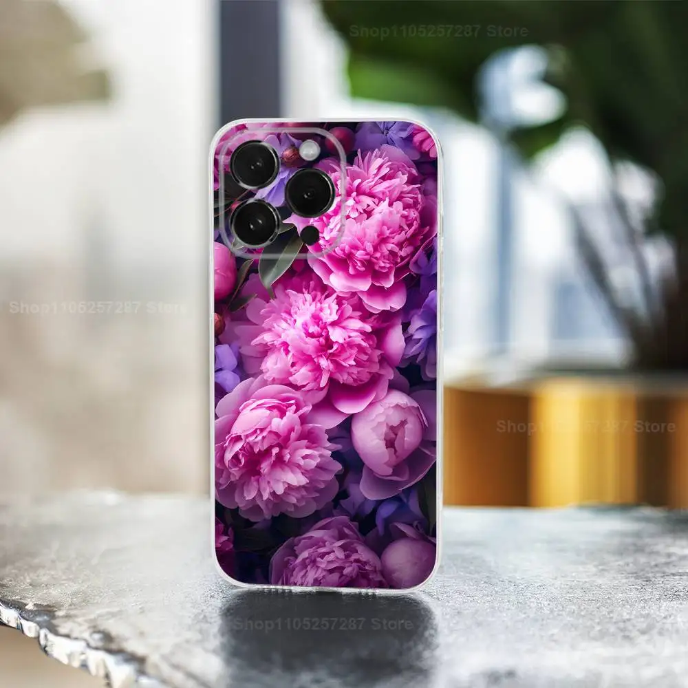 حافظة هاتف أنيقة باللون الوردي والأرجواني الفاوانيا لهاتف آيفون ماكس، بلس، 11، 14، 13، XR، SE، 12، 15، Pro، 17، 16، X، XS، غطاء ناعم شفاف صغير