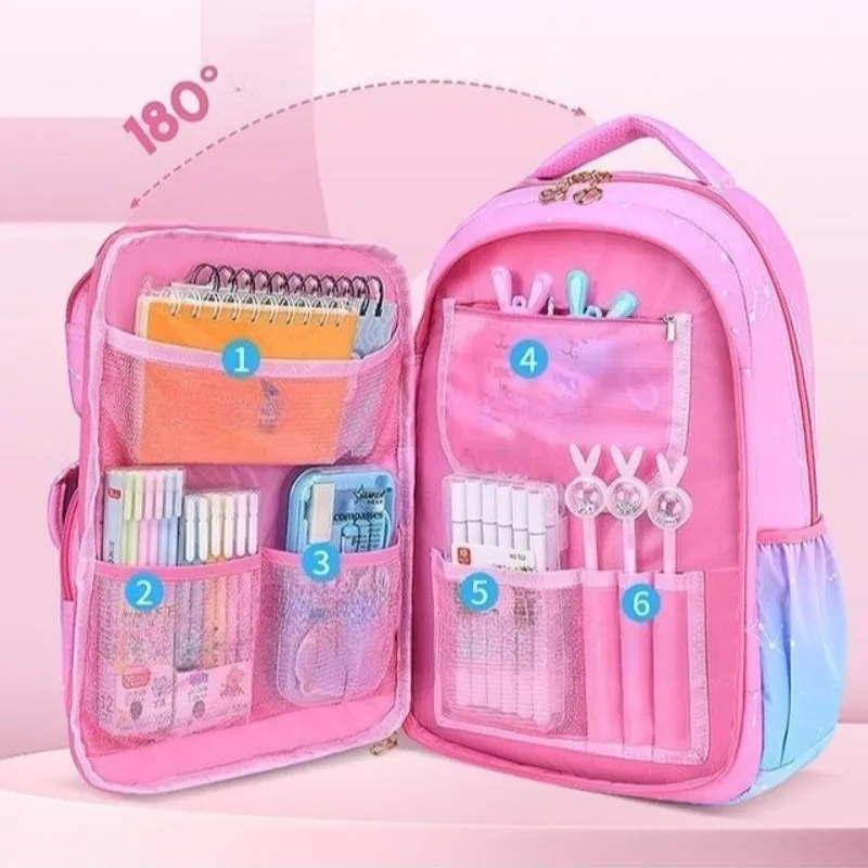 Gradient-colour Kid Backpack Primary Student Schoolbag Girls Cute Backpack Side-opening Book Bag Large Multiple Pockets Rucksack