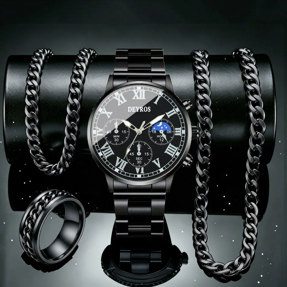 4pcs/set Men's Stylish Business Quartz Watch and Men's necklace, bracelet and ring set Casual Business Sports Watch