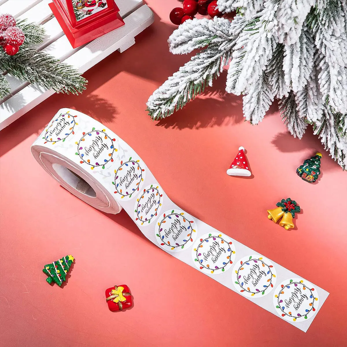 1 لفة ملونة ضوء النيون حفلة عطلة ملصقات ذاتية اللصق ، شكل دائري عطلة سعيد مغلف بطاقة المعايدة ملصق ديكور