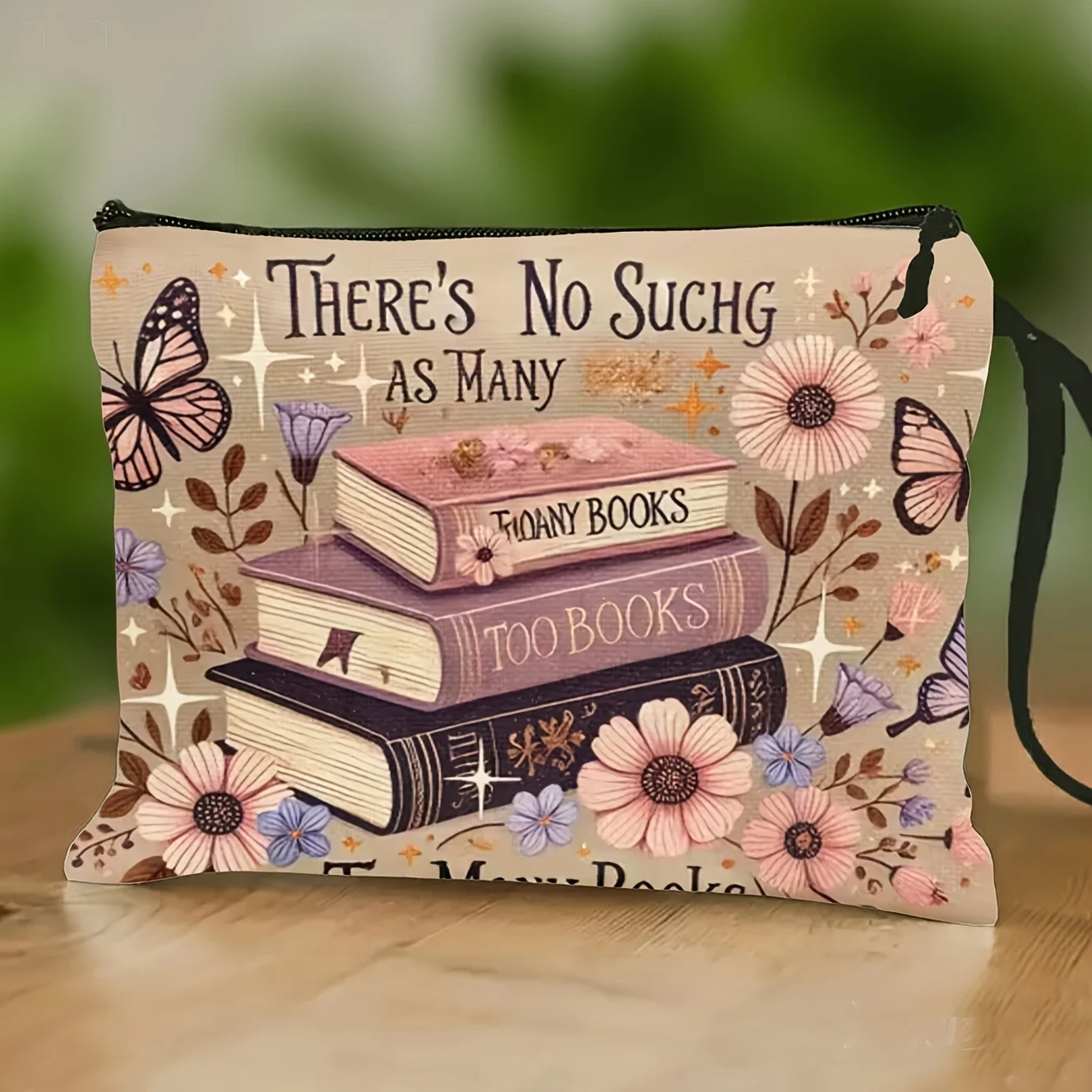 TOO BOOKS Book Butterfly Storage Bag With Wrist Strap Zippered Cosmetic Pouch And Pencil Case Floral Pattern Ideal Gift For B