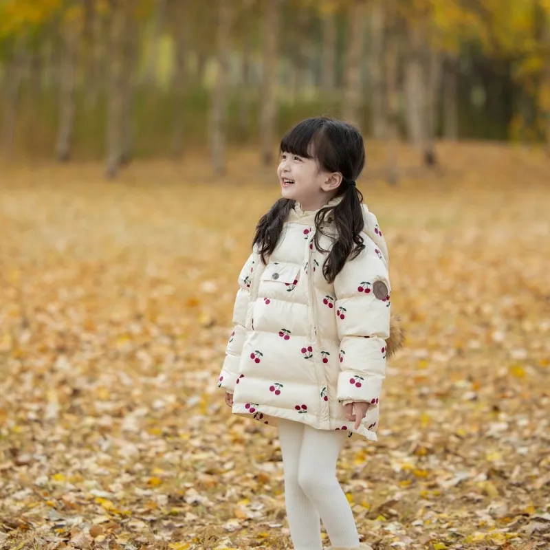 Girls Coat Jacket Cotton Windproof Outwear 2023 Cherry Warm Thicken Velvet Winter Skiwear Children\'s Clothing
