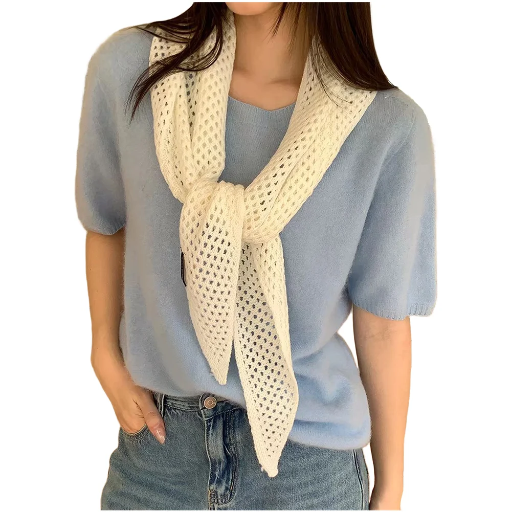 Knitted Triangle Scarf with Hollow Design 120cm Warm Winter Shawl Wrap Neck Warmer Headscarf Waist Belt for Women