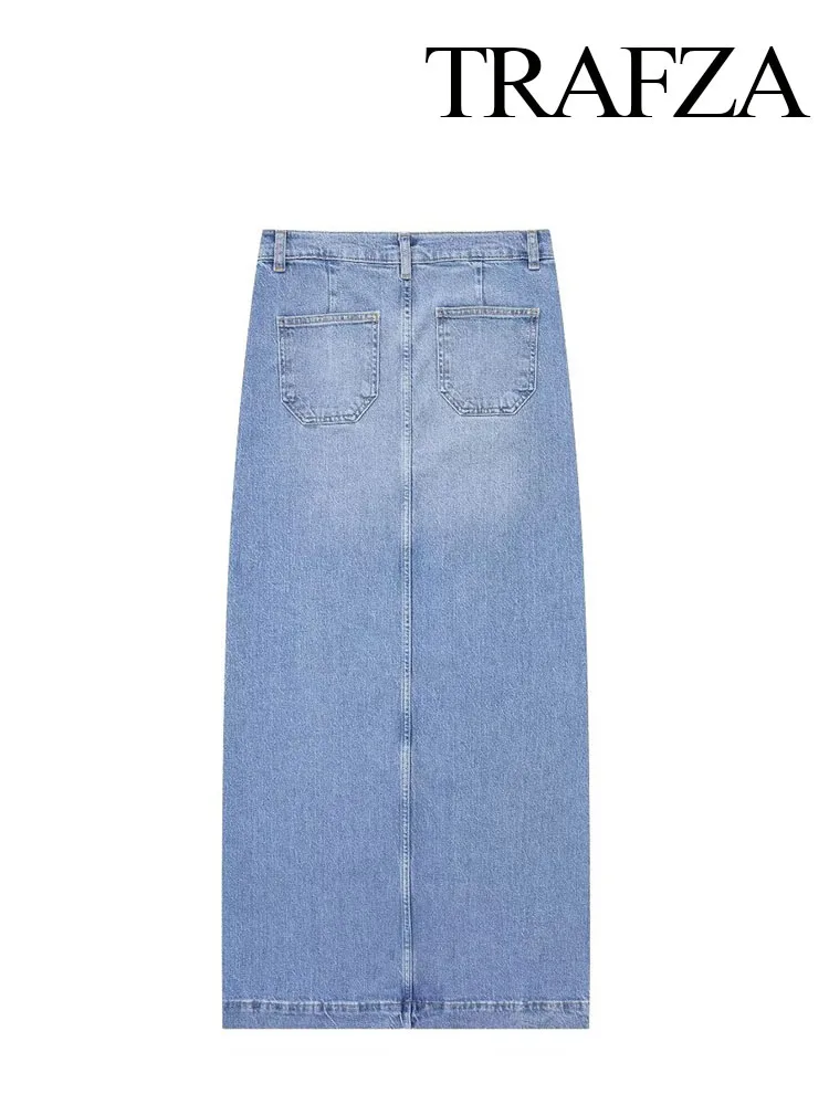 Trafza Damesmode Zomer Slanke Rits Hoge Taille Rok Voor Geslit Zoom Rokken Dames Denim Vintage Elegante Streetwear Lange Rokken