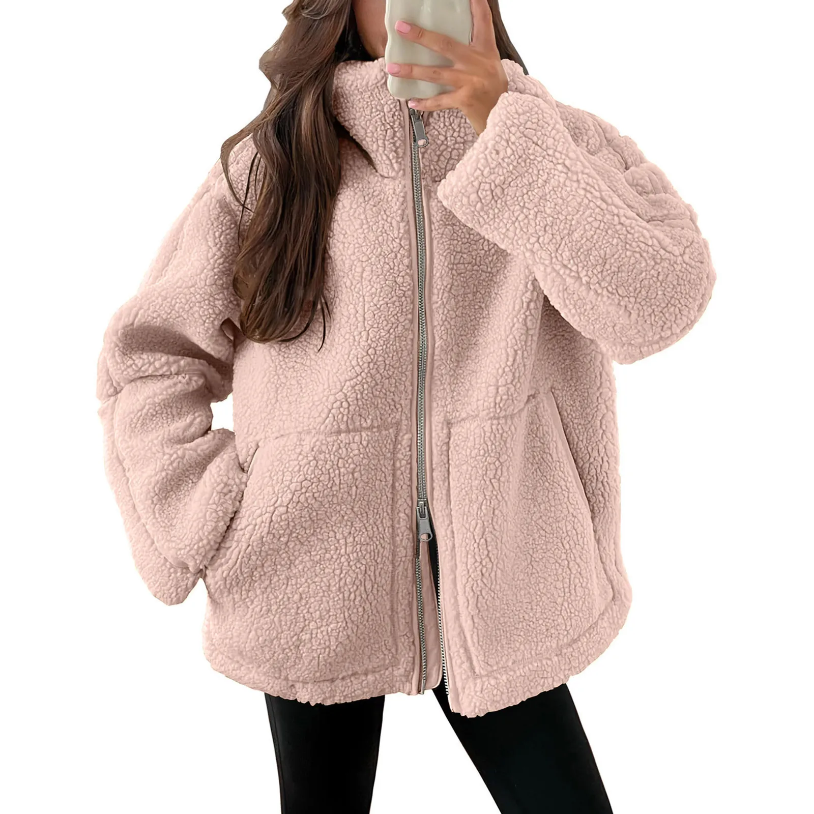 

Autumn Winter Loose Coat Solid Color Fashion Simple Lazy Style Clothes Long Sleeves Stand Collar Zipper Large Pocket Outerwears