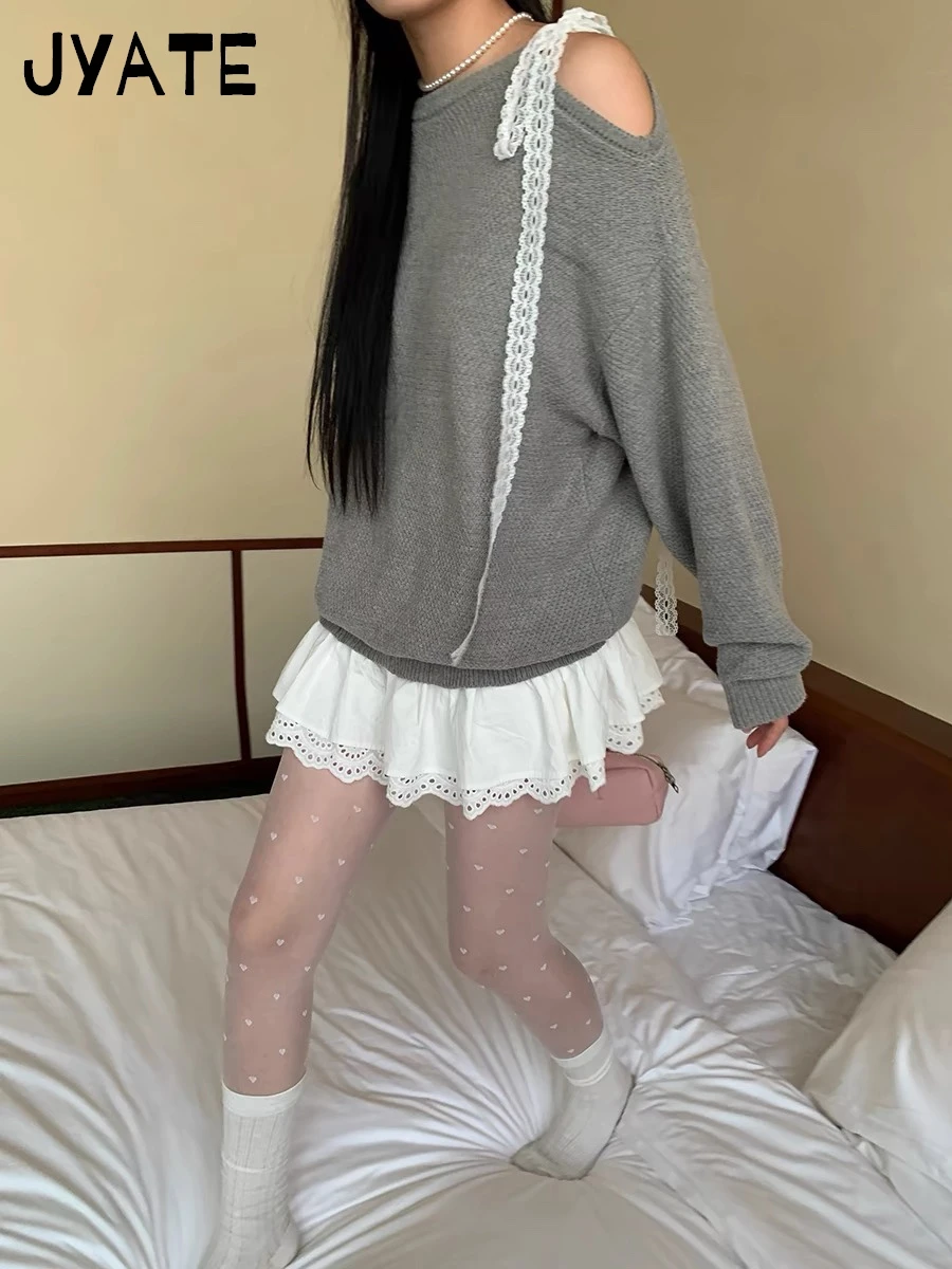 

Lace Strap Patchwork Sweater Dress Women Casual Gray Knitted Long Sleeve Pullover Mini Dresses Vintage Sweet Cute Vestidos Y2K