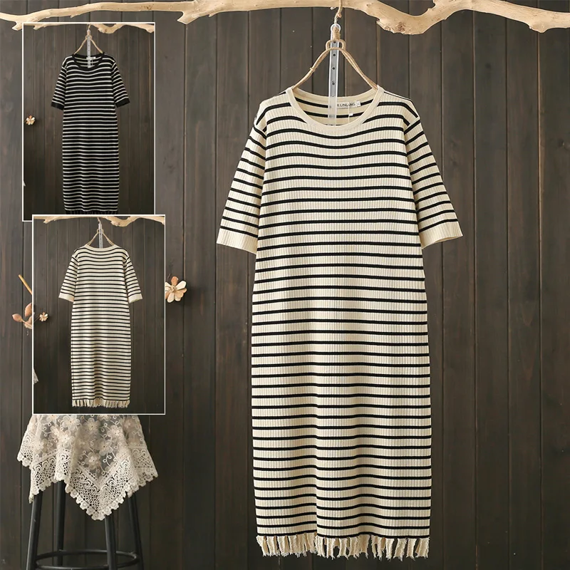 

Summer Large Size 200 Pounds Stripe Tassel Knitted Short Sleeve Dress Casual Retro Color Block Long A-Line Dress
