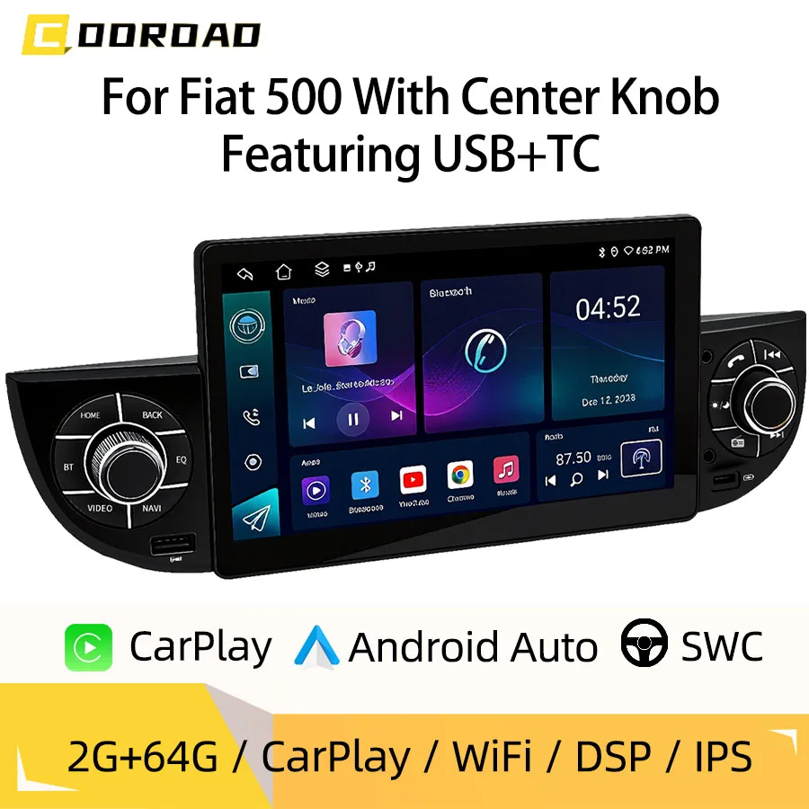 Radio para Auto Android de 7 Pulgadas Tipo-C para Fiat 500 con Perilla Central, CarPlay, Android Auto, GPS, Bluetooth y Control de Volante