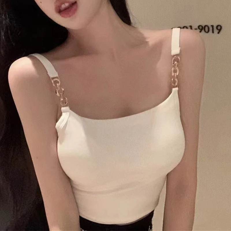 섹시한 여성 블라우스 크롭탑 슬림 피팅 캐미솔, 가슴 패딩, 금속 스트랩 짧은 티셔츠, 여성 블라우스 2023, Y2k 탑 패션