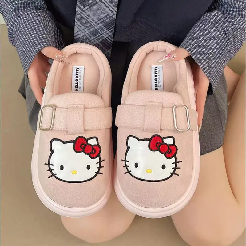 

Прямая доставка, настоящие фотографии, 2029, хлопковые тапочки Hello Kitty для женщин, новые осенне-зимние домашние розовые теплые непромокаемые тапочки