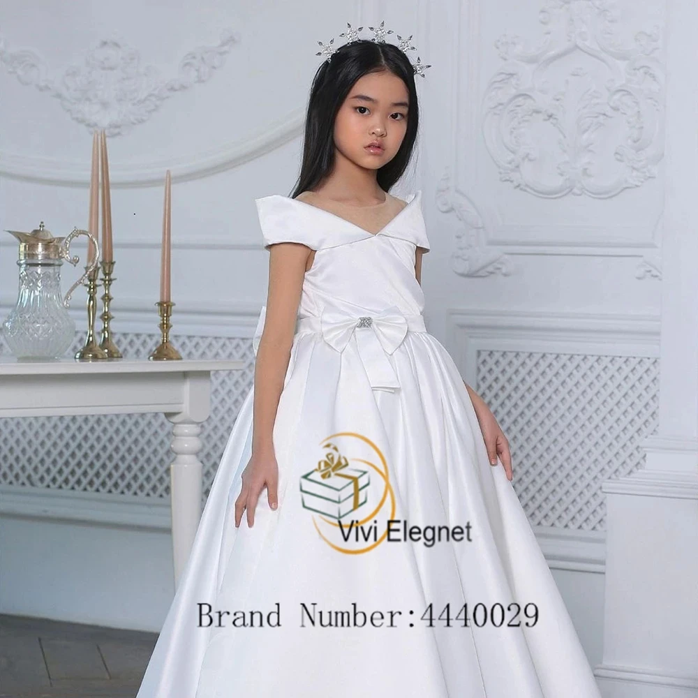 

Exquisite Off Shoulder Flower Girls Dresses with Bow 2024 Summer New A Line فلور فتاة اللباس New Zipper Back Robe Flower Girls