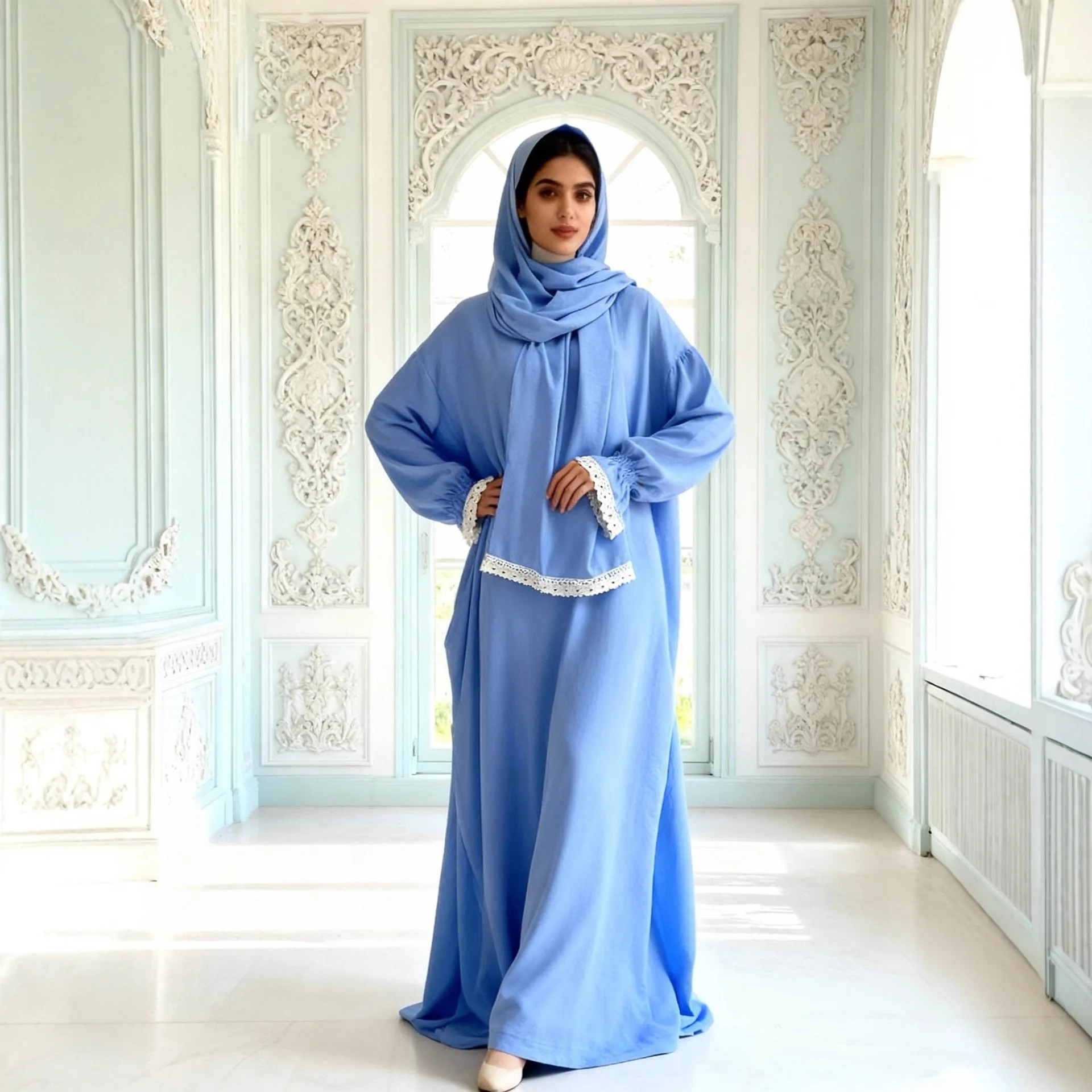 

Plain Abaya Muslim Long Dress Women Eid Long Sleeve Islamic Robe with Scarf African Dresses Dubai Turkish Modesty Kaftan Arabic