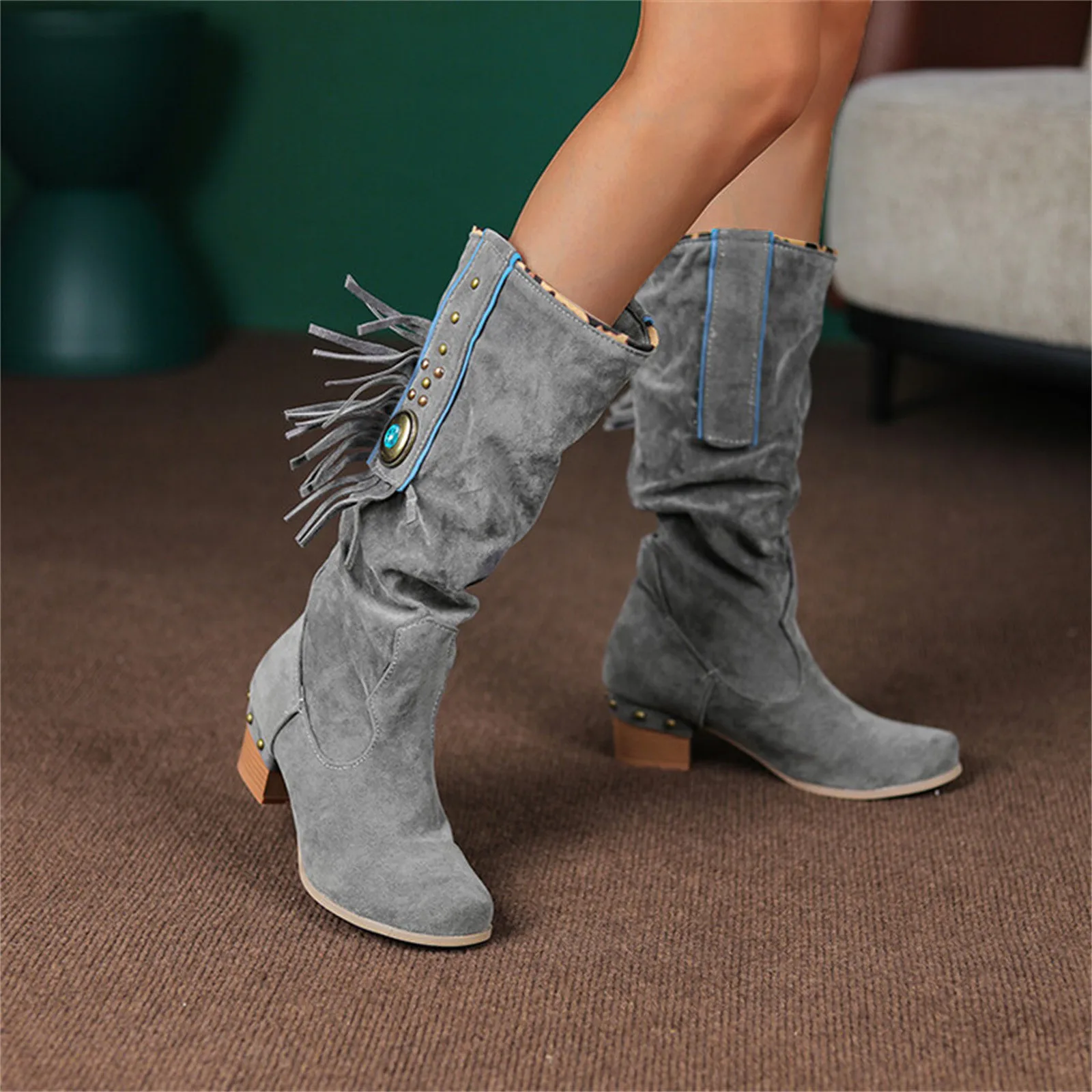 Thigh High Stretch Boots For Women Ladies Fashion Tassel Rhinestone Boots Pointed Toe Chunky High Heel Tall Leather Boots Women