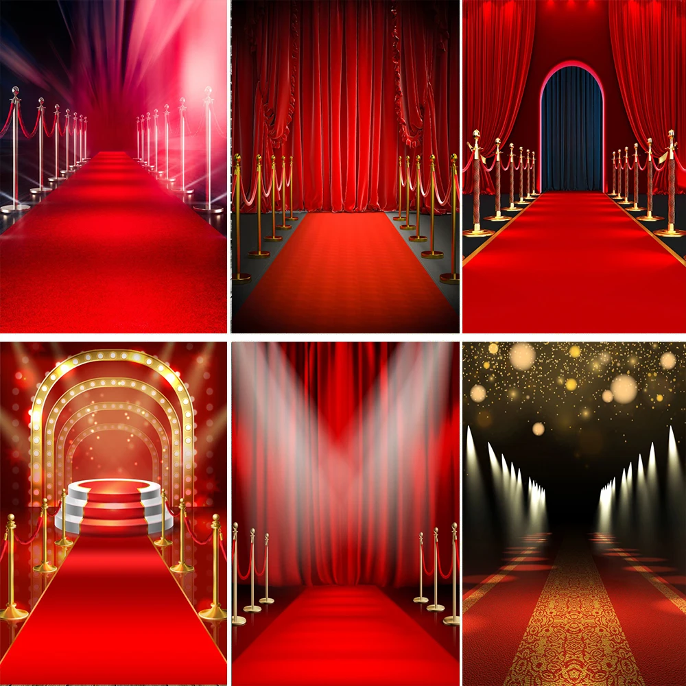 

Laeacco Red Ceremony Carpet Stage Backdrop Luxurious Hollywood Party Decor Graduation Prom Vip Portrait Photography Background