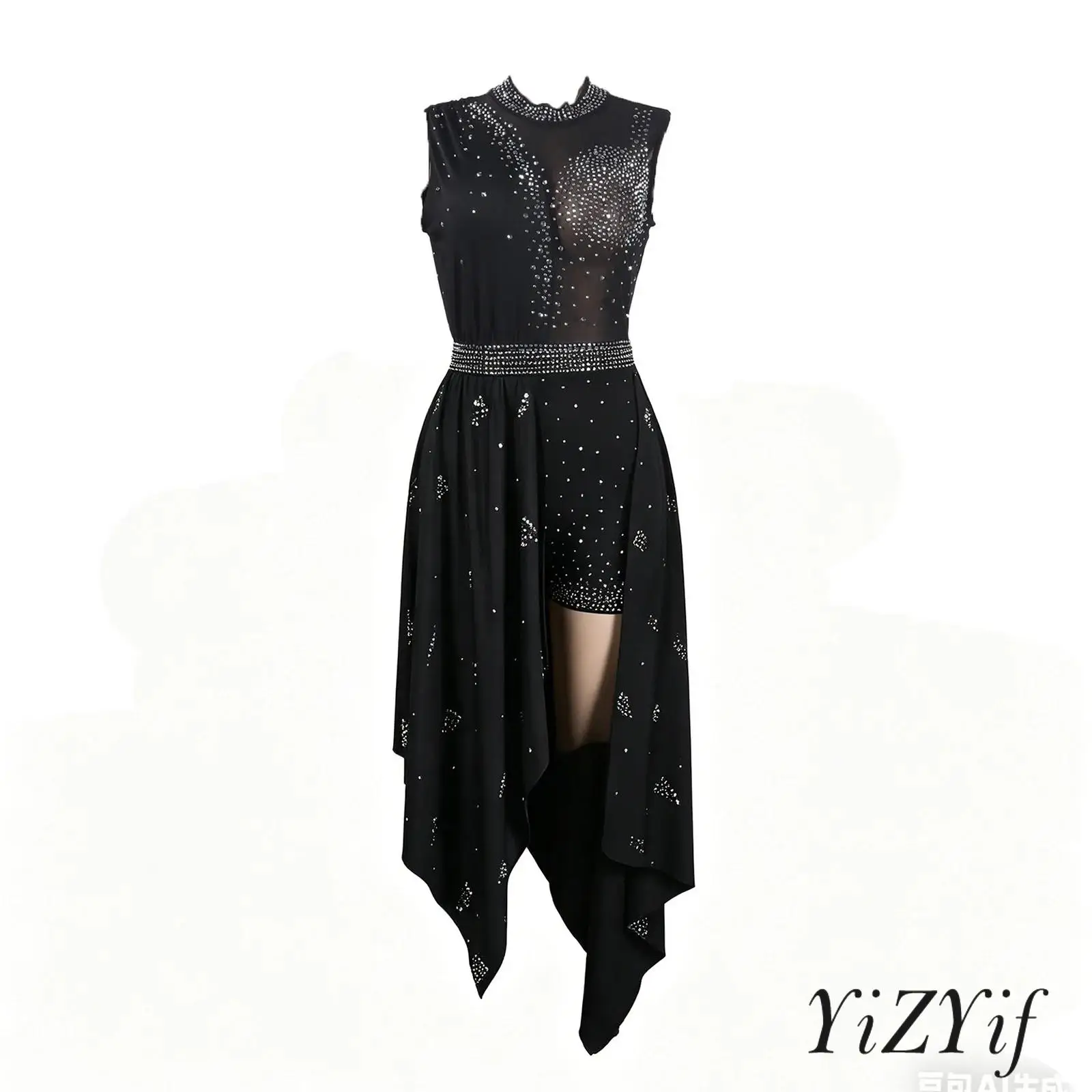 Women Glitter Rhinestones Rompers Mock Neck Sleeveless Sheer Mesh Patchwork Irregular Skirted Jumpsuit One Piece Dancewear