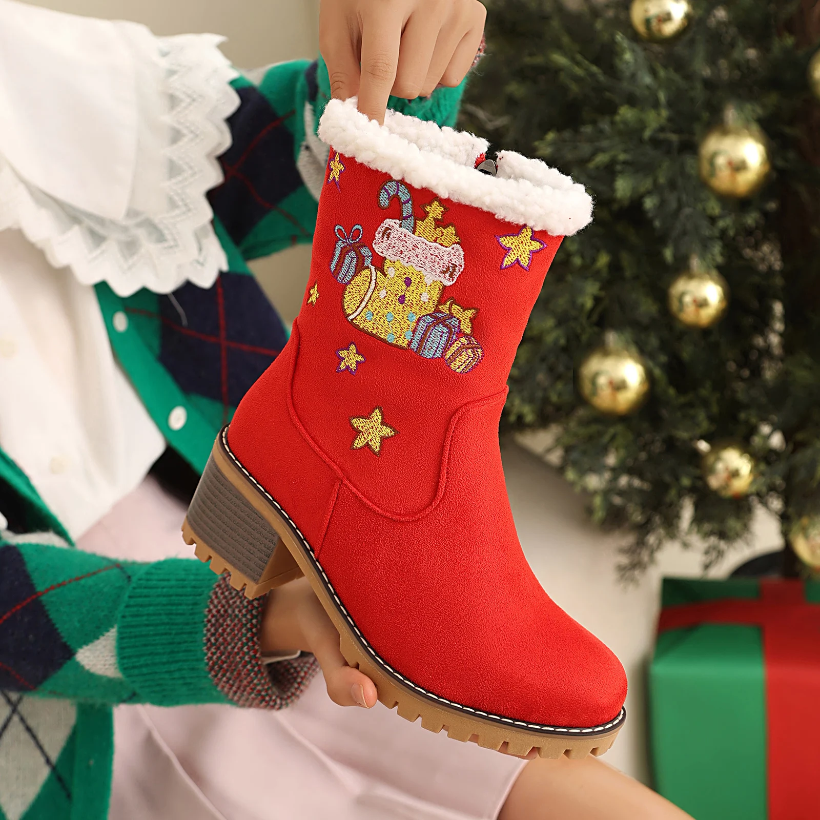 

Christmas Boots for Women - Plush Lined Ankle Booties with Embroidered Round Toe & Non-Slip High Heel for Snow