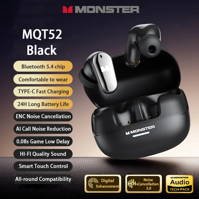 Wybór Monster nowy MQT52 TWS bezprzewodowy zestaw słuchawkowy Bluetooth 5.4 HIFI Stereo gamingowe słuchawki muzyczne rozmawiające słuchawki douszne z redukcją szumów