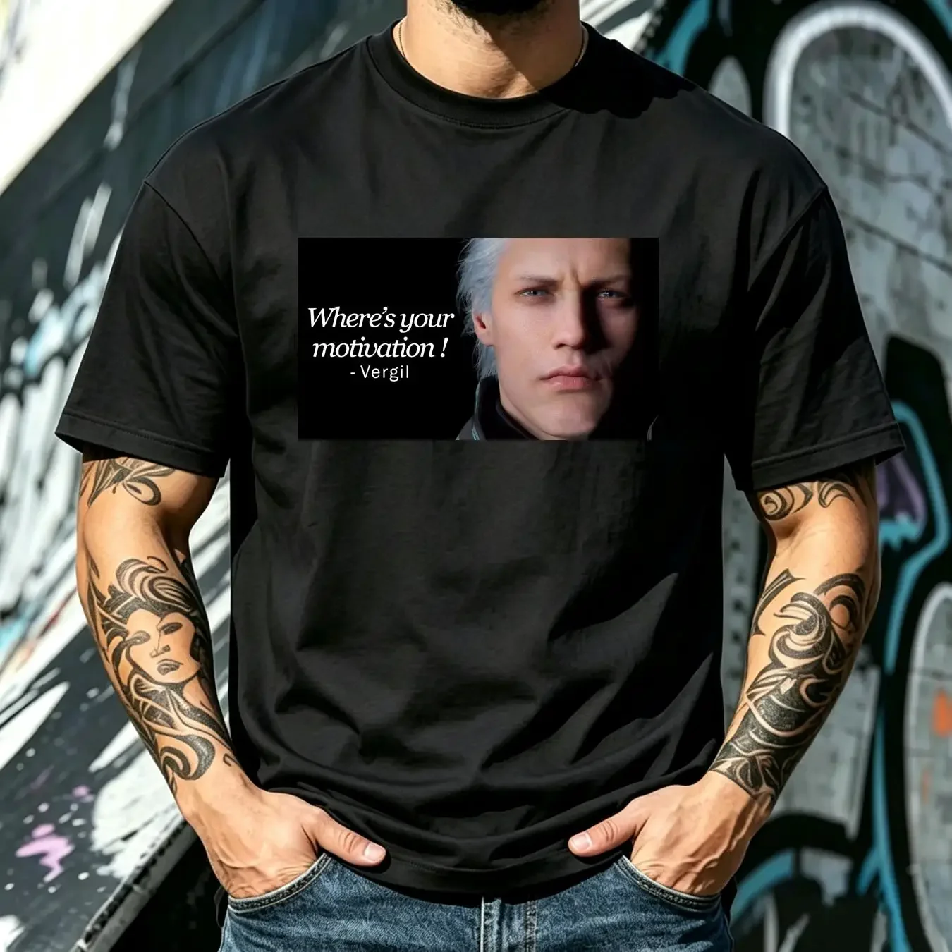 washed T Shirt Vergil Where's your motivation DMC 5 Devil May C meme Gaming funny vintage Washed Comfortable