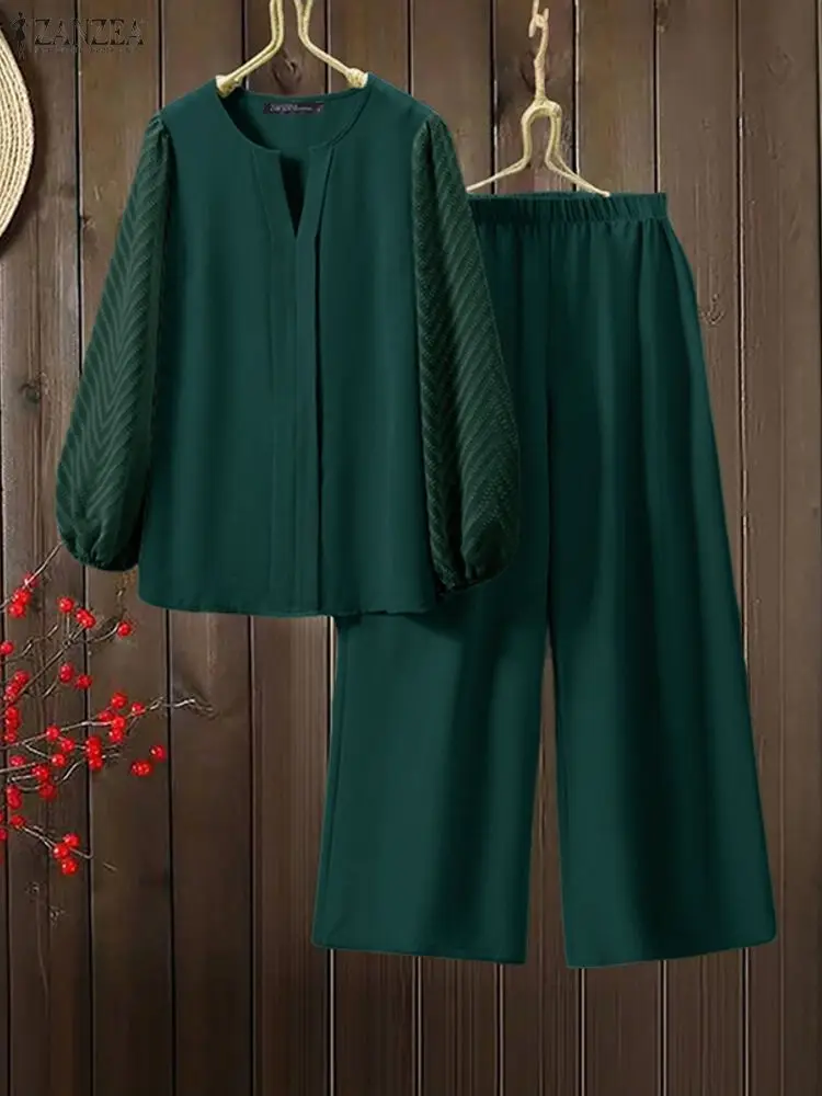 Mode Frauen Hose Sets 2025 ZANZEA Herbst Langarm V-ausschnitt Casual Tops Elastische Taille Breite Bein Hosen Elegante OL 2PCS Outfits