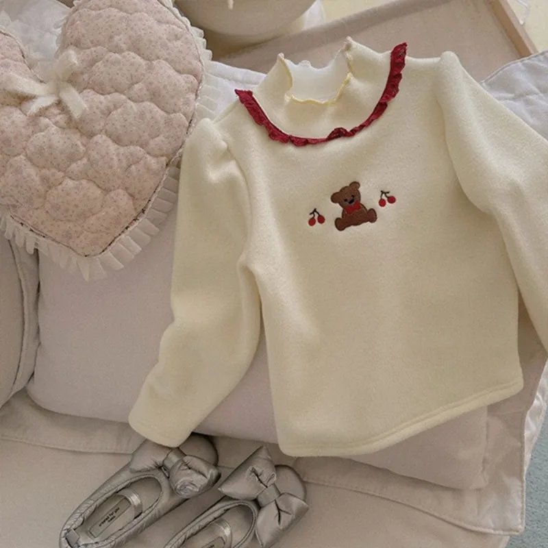 Winter Baby Mädchen Fleece-gefütterte Thermo-Oberteile Kleinkind Strickpullover mit Stickerei Langarm Rollkragen Kleidung