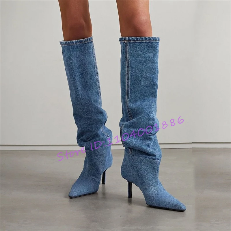 

Denim Pleated Knee Length Boots Spring Autumn New Pointed Toe Stiletto Long Boots Sexy Slip-On Thin High Heels Large Size