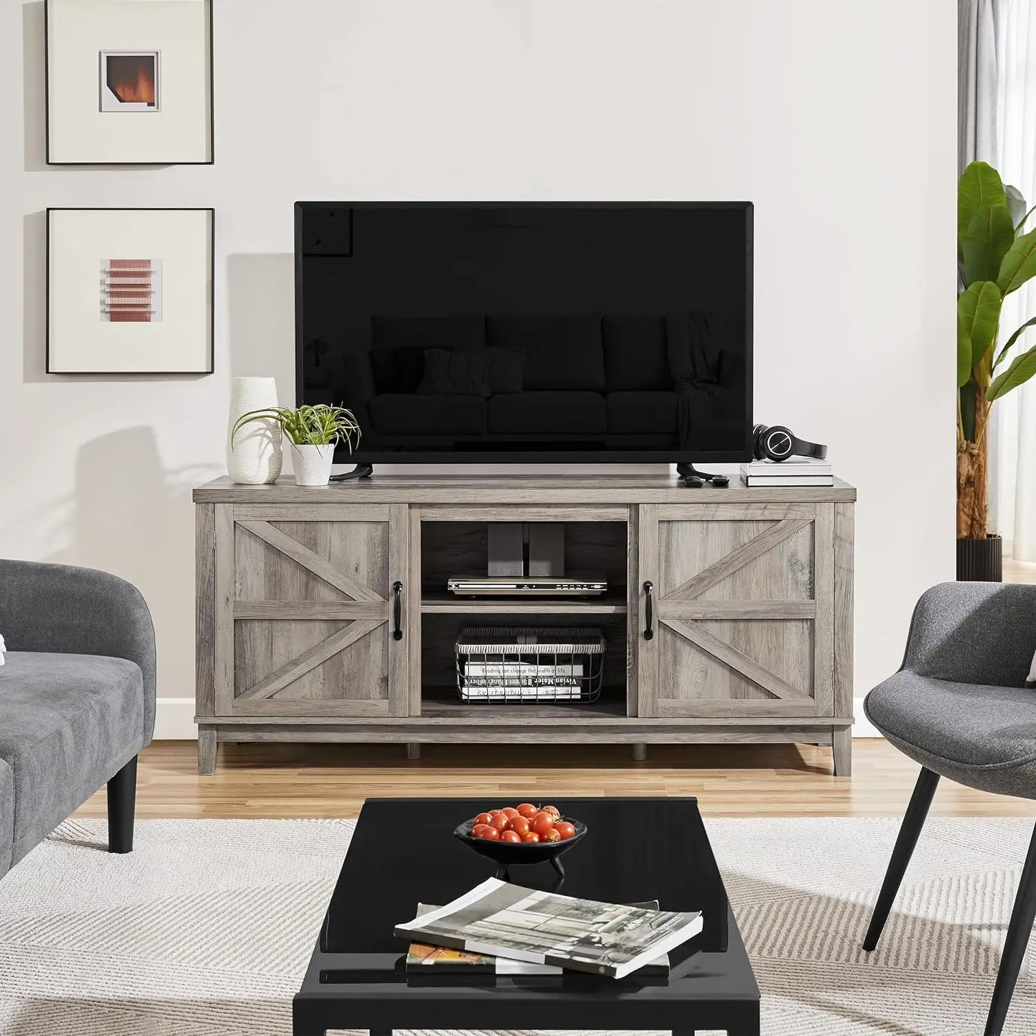 Farmhouse TV Stand para sala de estar, centro de entretenimento com portas duplas, cinza, 65 polegadas