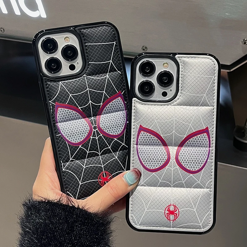 Cute Winter Down Jacket S-Spider-Man The Buffer Case For iPhone 15 14 13 11 12 Pro Max Soft Fabric Shockproof Bumper Cover Funda