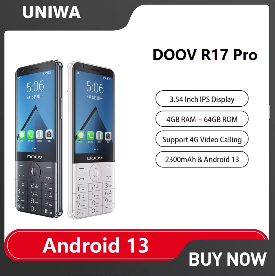 UNIWA DOOV R17 Pro 4G Mobile Phone Smart Touch Screen Whatsapp Android 13 Keypad Phones 3.54