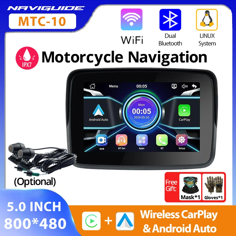 NAVIGUIDE MTC-10 5'' 800*480 Motorcycle Navigation Wireless CarPlay Display Screen Moto Wireless Android Auto Monitor