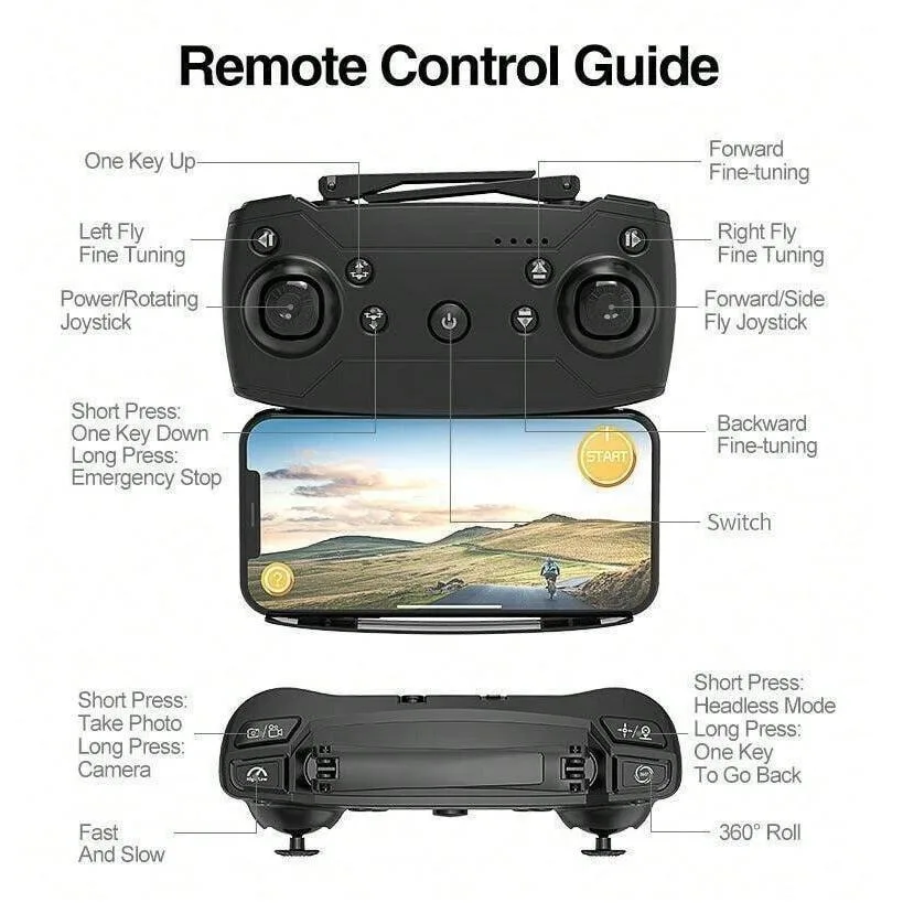 Drone E88 com câmera, drone dobrável com controle de aplicativo, quadricóptero RC de vídeo ao vivo FPV com câmera 4K para adultos iniciantes, Natal