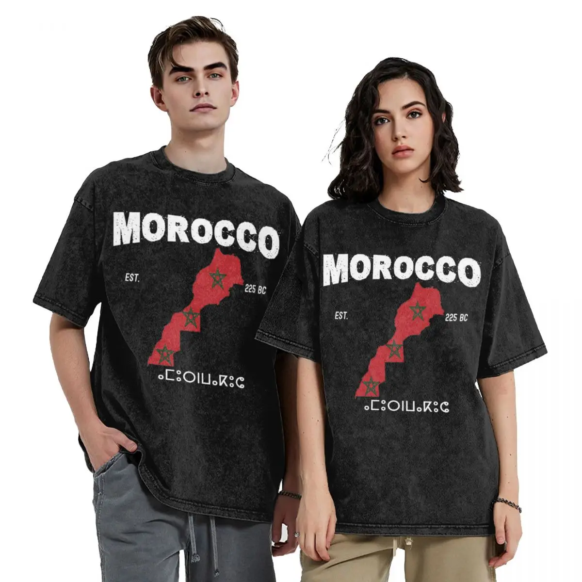 Hip Hop Morocco Map National Flag Outfit Shirt Washed Style for Men Women T-Shirts Vintage Top Tee Shirt Streetwear