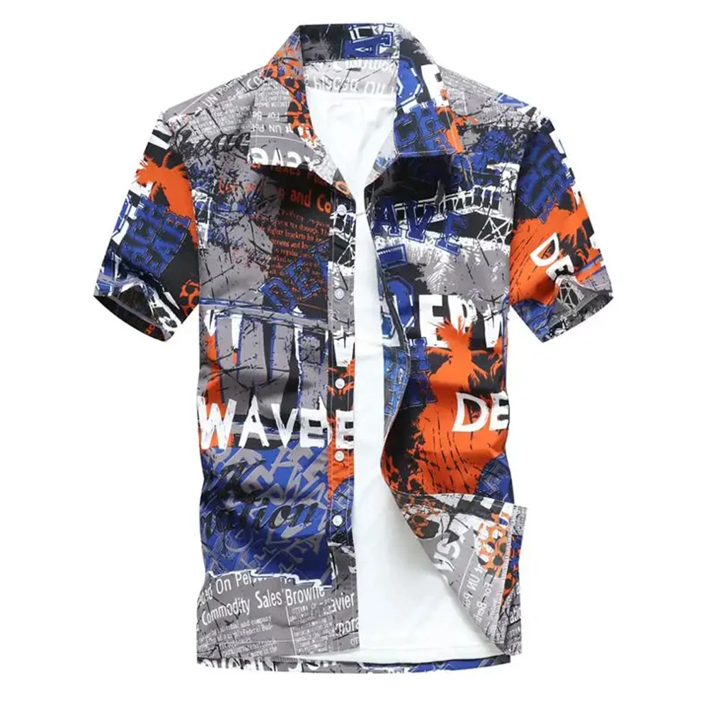 Summer Breathable Hawaiian Shirts Men Coconut Tree Printed Short Sleeve Button Down Vacation  Plus Size