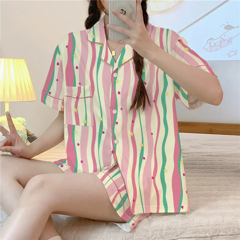 New Women\'s Dopamine Color Striped Pajamas Loungewear Three-Piece Women\'s Spring Summer Sweet Short Sleeve Thin Loungewear