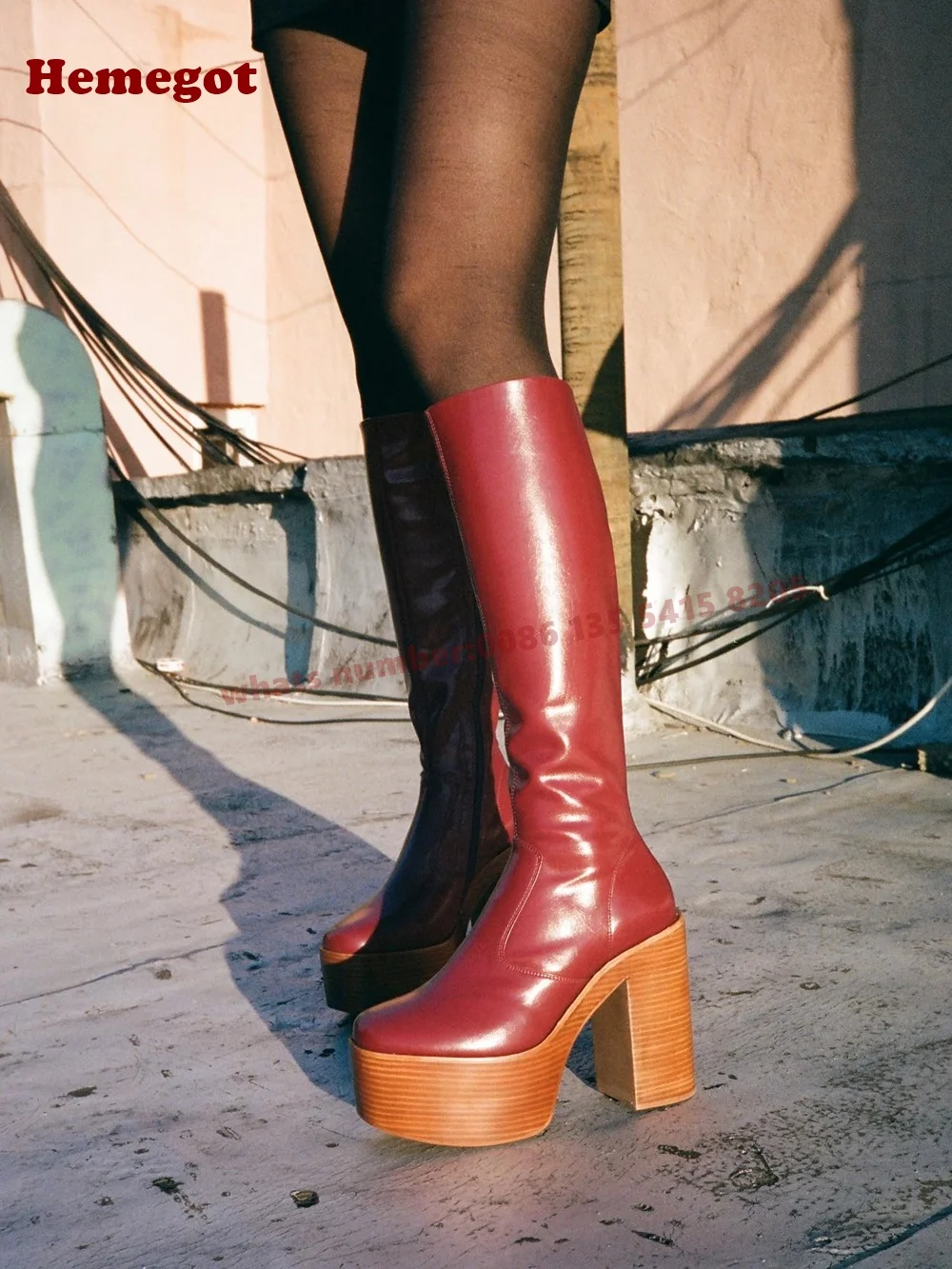 

Platform Splicing Knee High Boots 2025 New Winter Women's Boots Chunky Heeled Side Zipper Casual Shoes High Heels Luxury Black